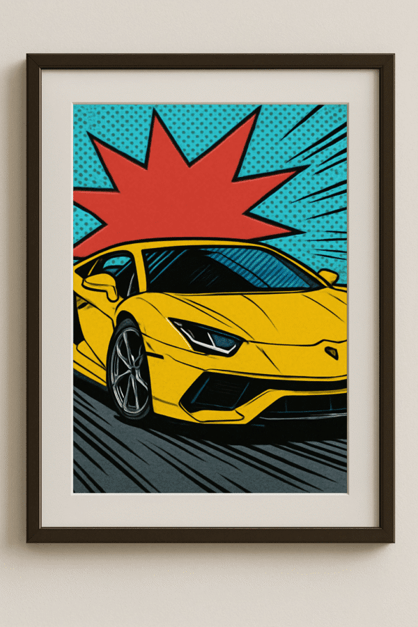 Yellow Supercar Print in Comic book style